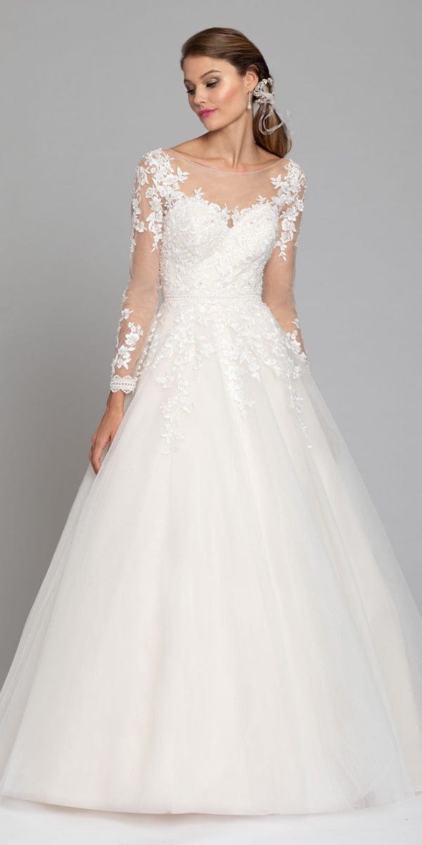 Long Sleeve Illusion Embroidered Tulle Ballgown