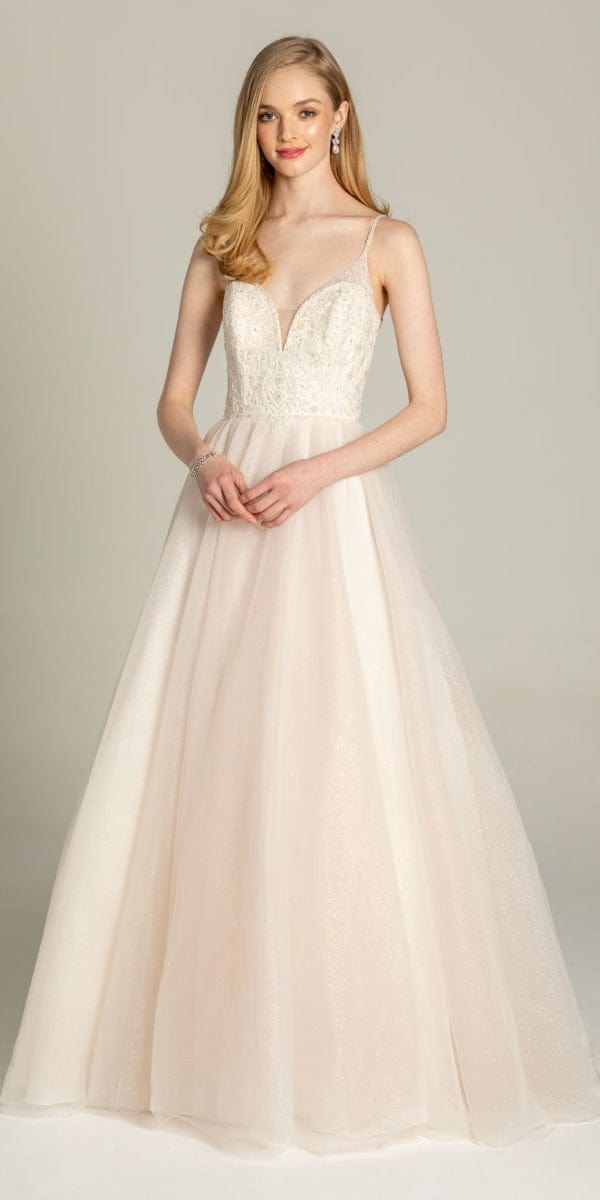 Deep Scoop Back Scroll Embellished Glitter Tulle Ballgown