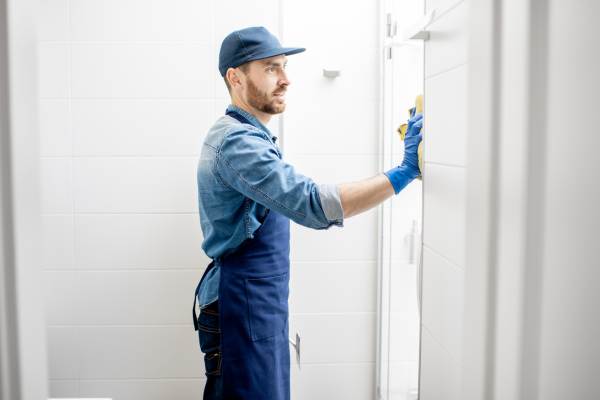 Badezimmer Fliesen werden von einem Mann gereinigt