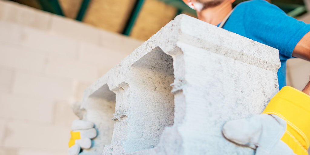 Concrete blocks are prepared for cutting by the construction worker