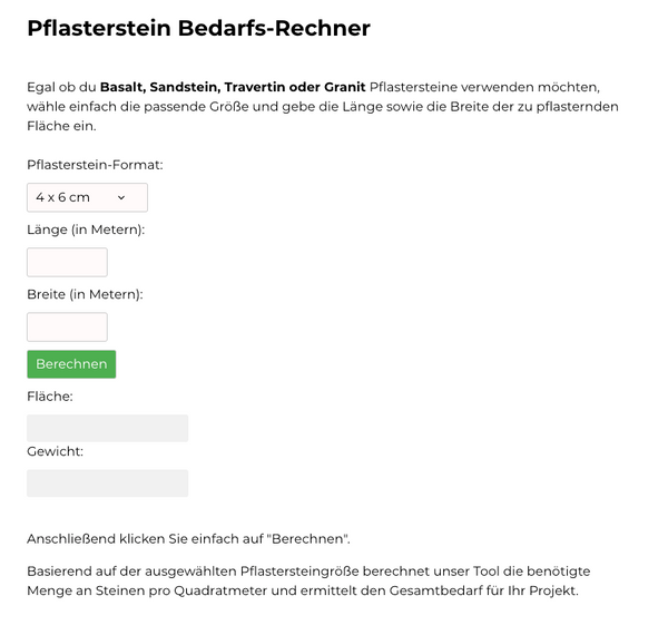 Pflasterstein Rechner von Iynx Tools ausprobieren. Mit Gewichtsangabe in Tonnen, Anzahl an Pflastersteinen und der Quadratmeter Anzahl