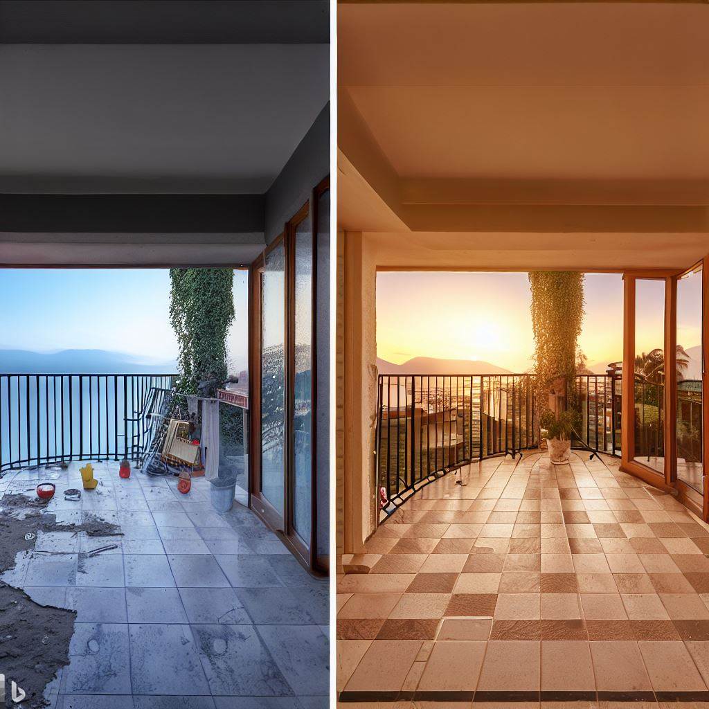 A comparison of the before and after picture when laying tiles