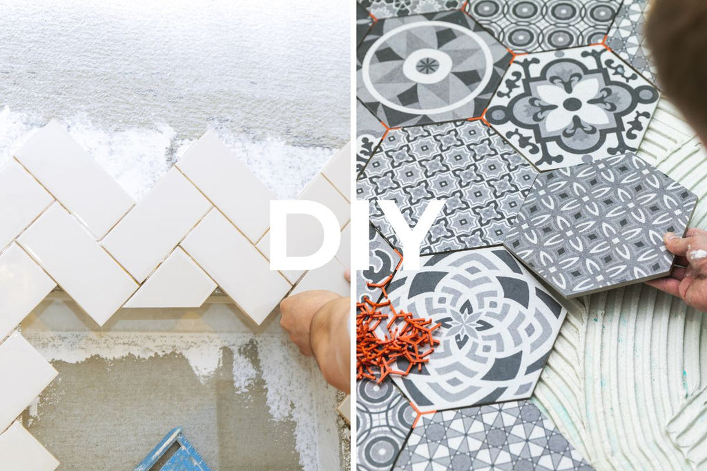 A picture of two do-it-yourselfers who are each redesigning the bathroom and laying tiles in different tile patterns