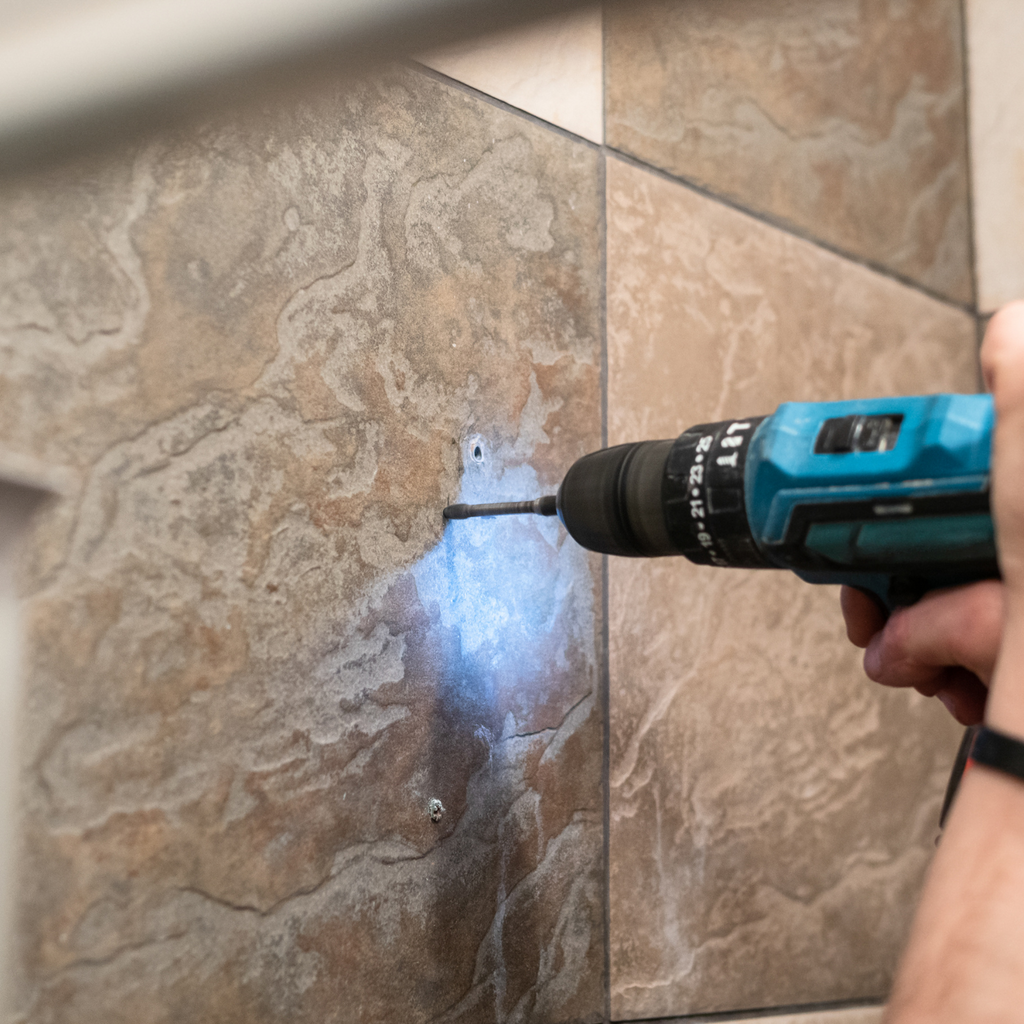 Craftsmen drilling tiles with a cordless screwdriver
