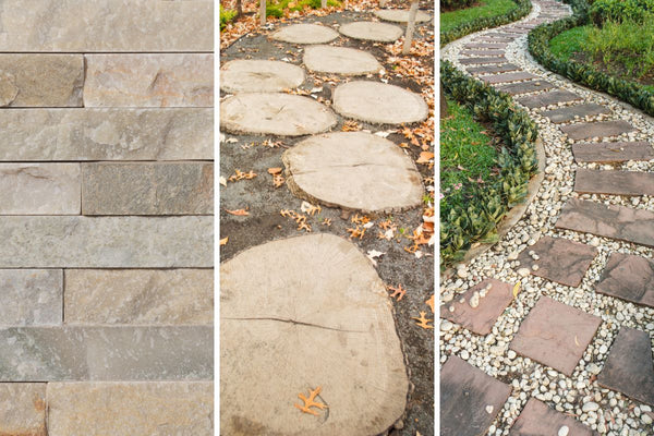 Three different materials for stepping stones. 1 natural stone, 2. wood, 3. concrete slab