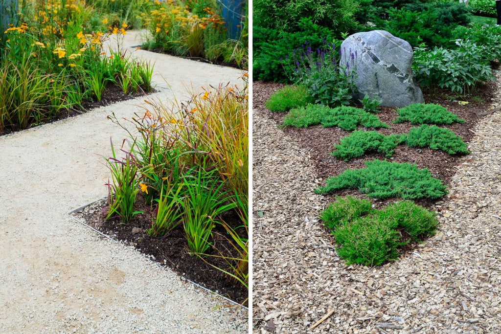 Günstige Gartenwege Varianten aus Rindermulch und Kies