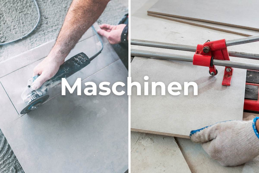 Overview of machines and tools for cutting ceramic tiles and slabs. On the left you can see an angle grinder with a tile cutting disc and on the right a tile cutter