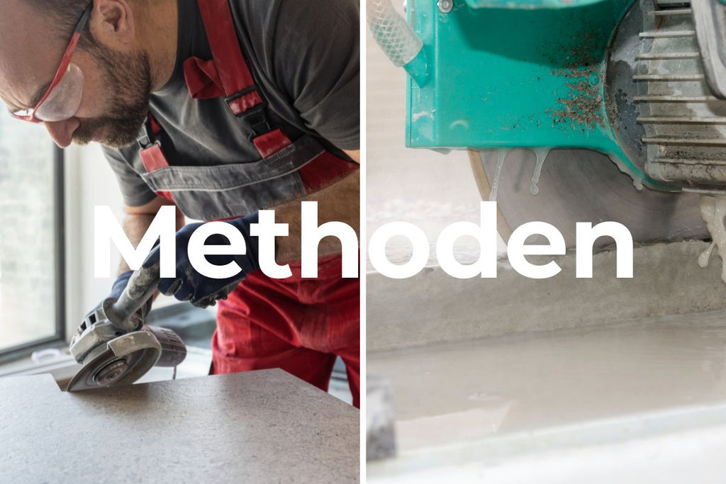 Image of two methods to miter tiles. First, a handyman with a tile cutting wheel and a flex. Second, a craftsman with a professional machine tile cutter