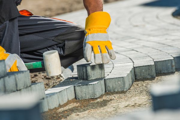 Craftsman cutting and laying paving stones in the garden for a garden path