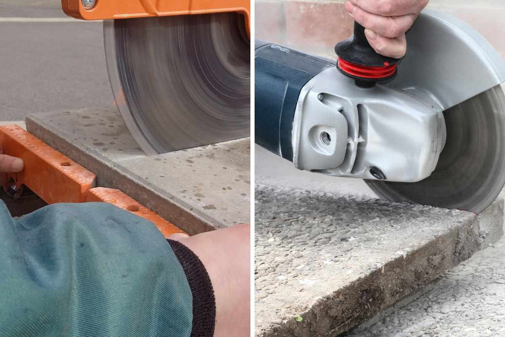 Diamond blade stone saw and angle grinder shown for cutting or sawing sandstone