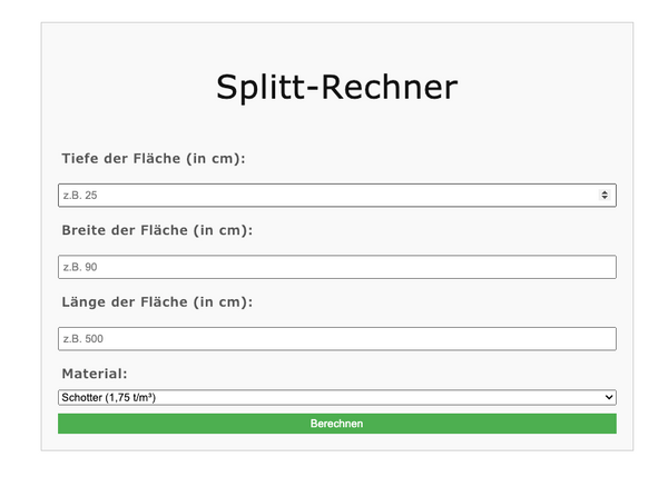 Splitt Rechner - Kiesbedarf berechnen