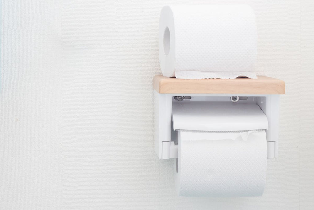 Moderner Toilettenpapierhalter neben einem WC montiert