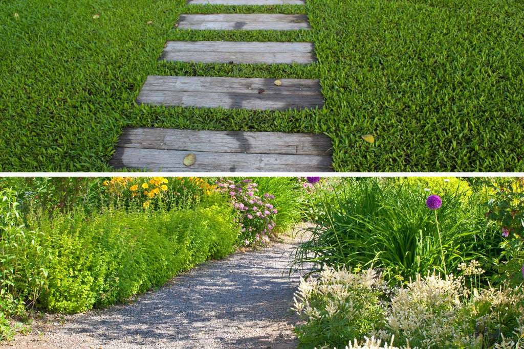 Zwei Varianten von Gartenwegen ohne Unterbau aus Holz und Kies