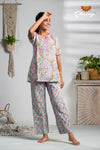 Blue And Pink Floral Print Cotton Night Wear Set For Women