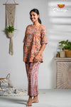 Orange floral Cotton Night Wear Set For Women