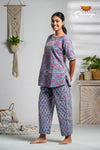 Blue floral Cotton Night Wear Set For Women