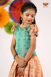 Girls Teal Green Golden RailPattu Pavadai - Festive Wear