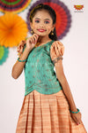 Girls Teal Green Golden RailPattu Pavadai - Festive Wear