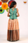 Girls Teal Green Golden RailPattu Pavadai - Festive Wear