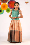 Girls Teal Green Golden RailPattu Pavadai - Festive Wear