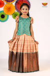 Girls Teal Green Golden RailPattu Pavadai - Festive Wear