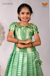 Green Golden Pillar Pattu Pavadai Diwali Collection for Girls