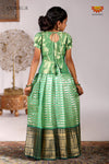 Green Golden Pillar Pattu Pavadai Diwali Collection for Girls