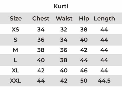 Women's kurti size chart