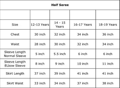 Half Saree Size chart