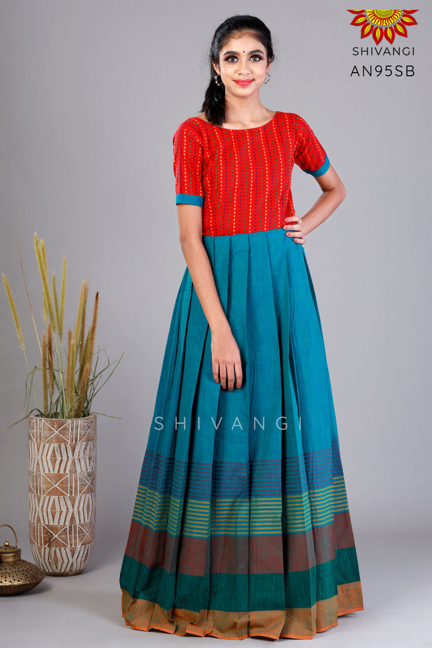 Girls Blue Cotton Big Border Long gown