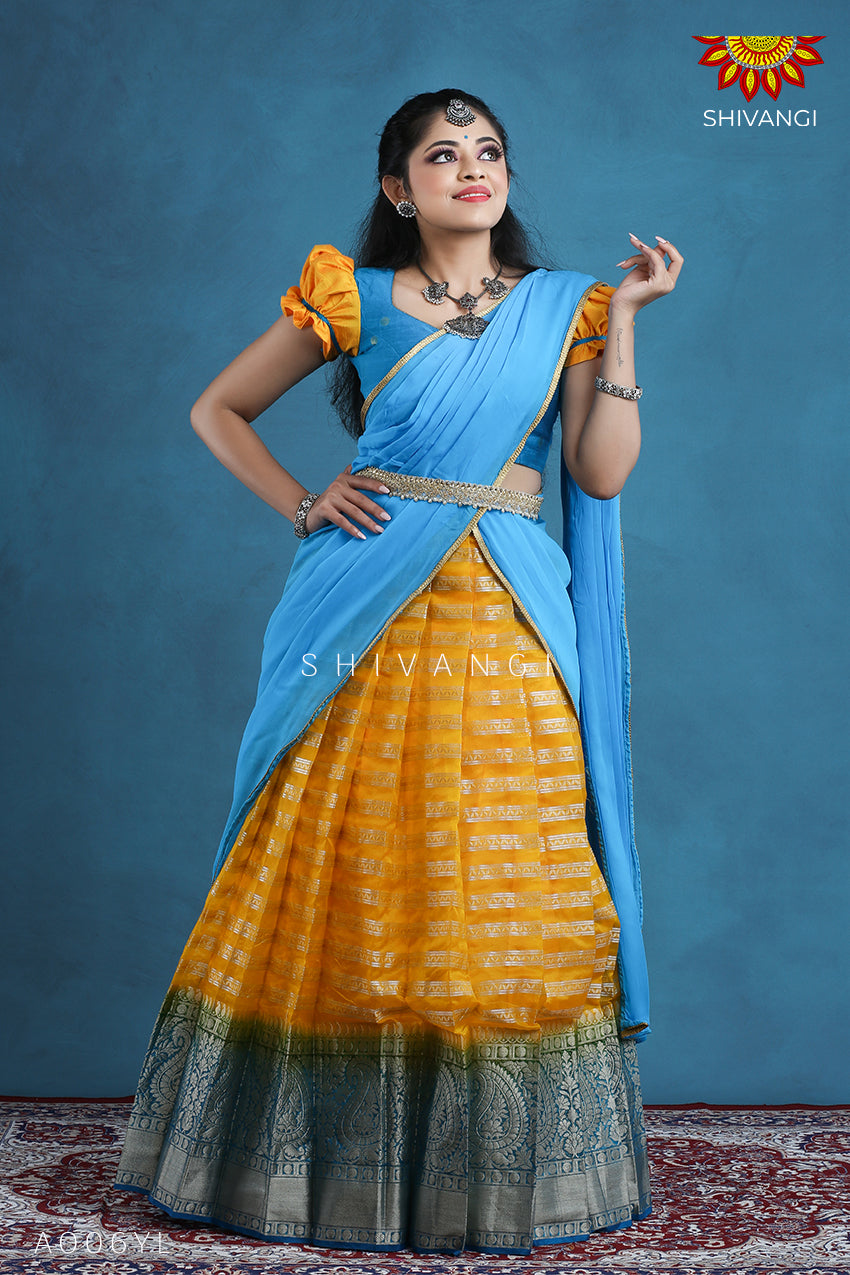 Teenage Girls Yellow Organza Silver Half Saree | Langa Davani