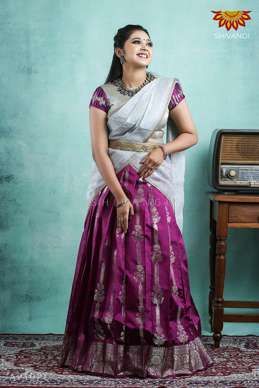 Teenage Girls Purple Blooming Fire Half Saree | Langa Davani