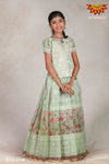 Girls Pink Organza Rose Pattu Pavadai |Langa - Green