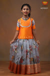 Girls Grey Organza Digital Print Pattu Pavadai 