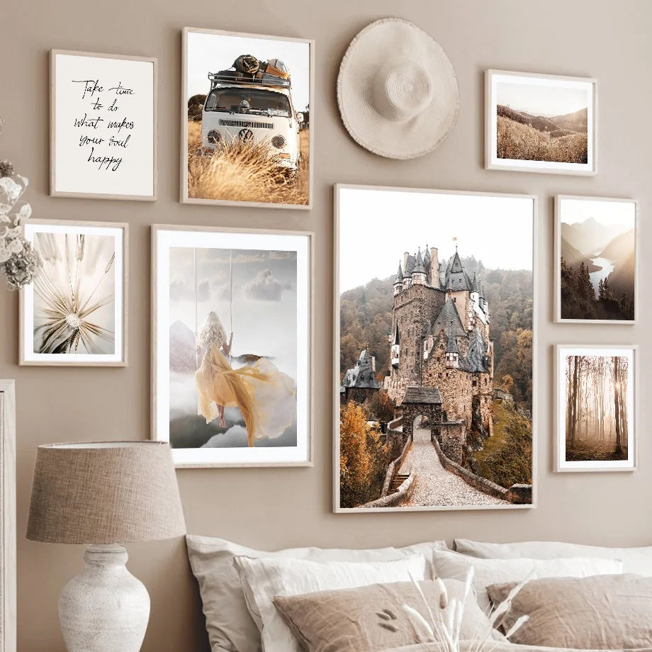 Explorer's Dream Wall Art Collection - Rustic Nature and Vintage Van Prints