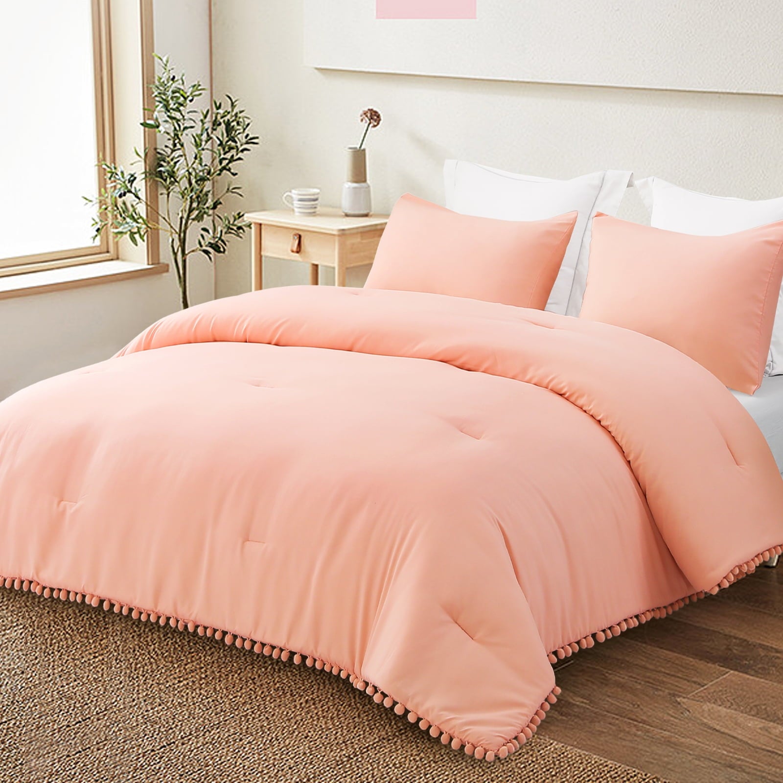 Exclusivo Mezcla Boho Pom Pom Ball Fringe Twin Comforter Set, 2 Piece Bright Pink Lightweight Down Alternative Bedding Comforter Sets for All Seasons (1 Comforter and 1 Pillowcase)