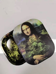 Mona Lisa Decor Premium Metal Rolling Tray with Magnetic Lid 7x5 inch Perfect Backpack Size for on The go!