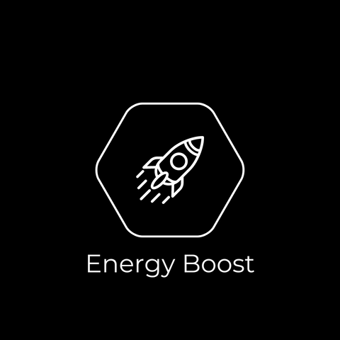hexagon with rocket ship inside text says energy boost