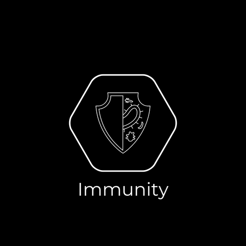 hexagon with a shield inside and microbes with text saying immunity