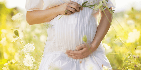woman holding her pregnant belly with a field of flowers in the background