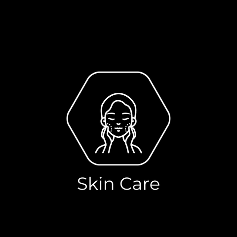 hexagon with woman inside with hands on face with text skin care