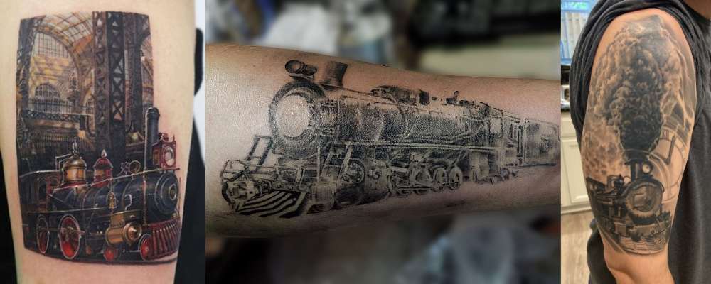 locomotive tattoo on people's arms