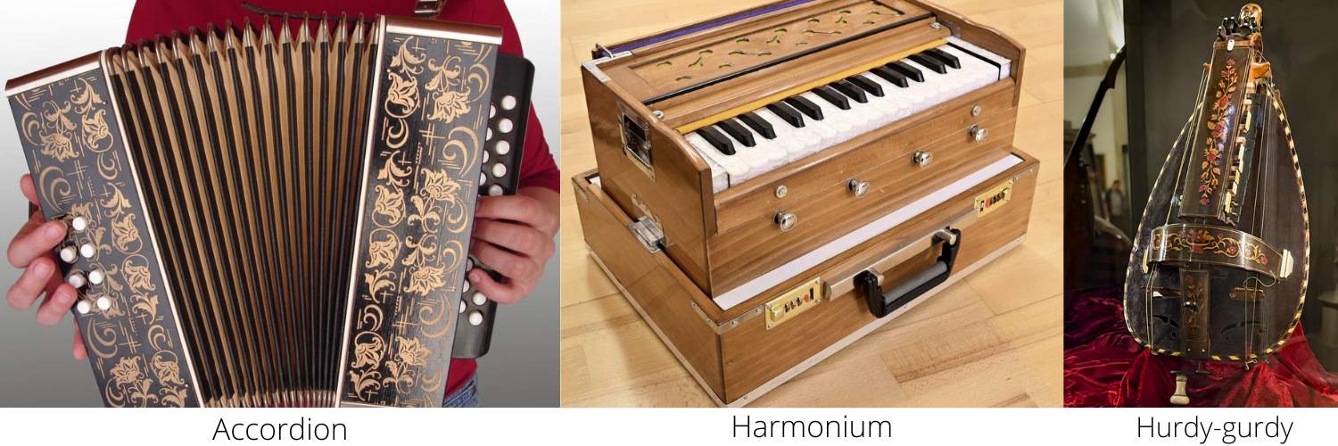 steampunk instruments: accorion, harmonium and hurdy-gurdy