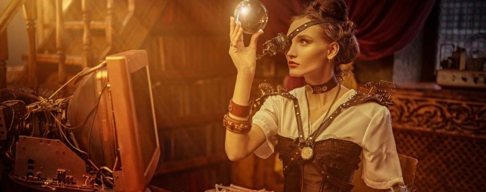 steampunk woman holding an object