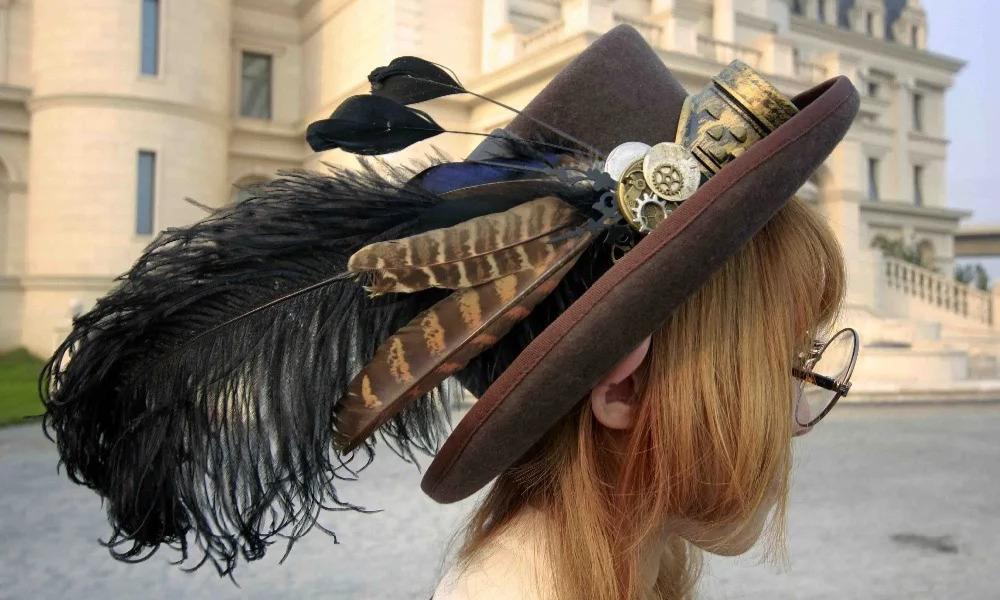 woman wearing a steampunk hat with feathers