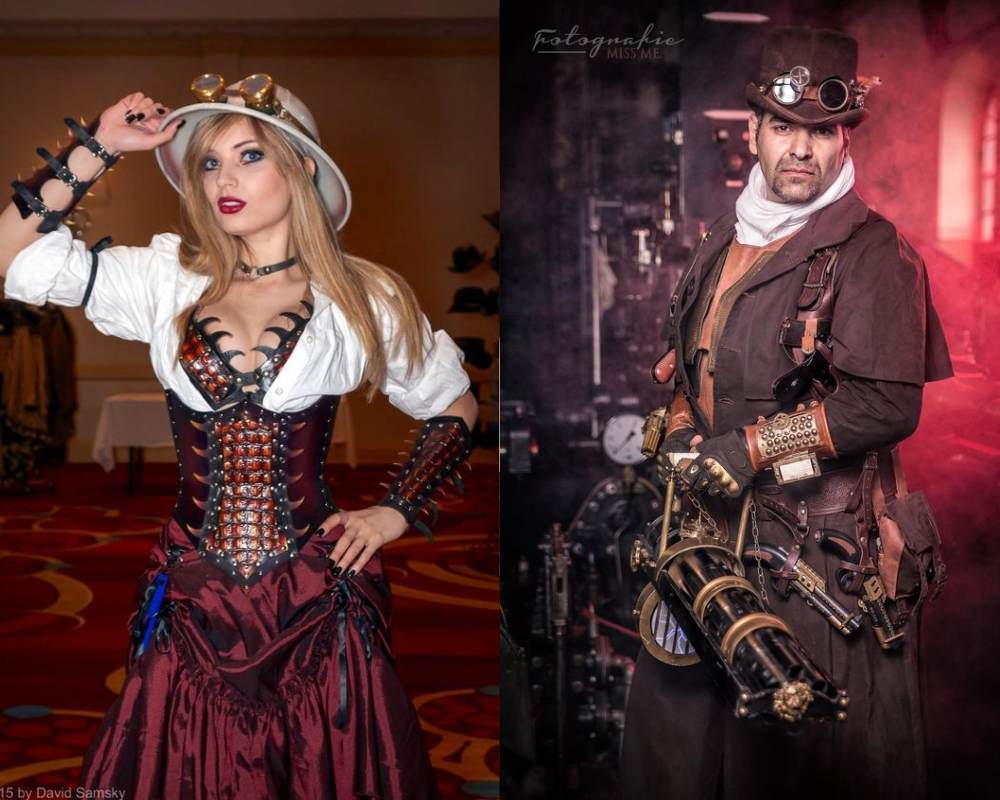 woman and man dressed up as Steampunk hunters