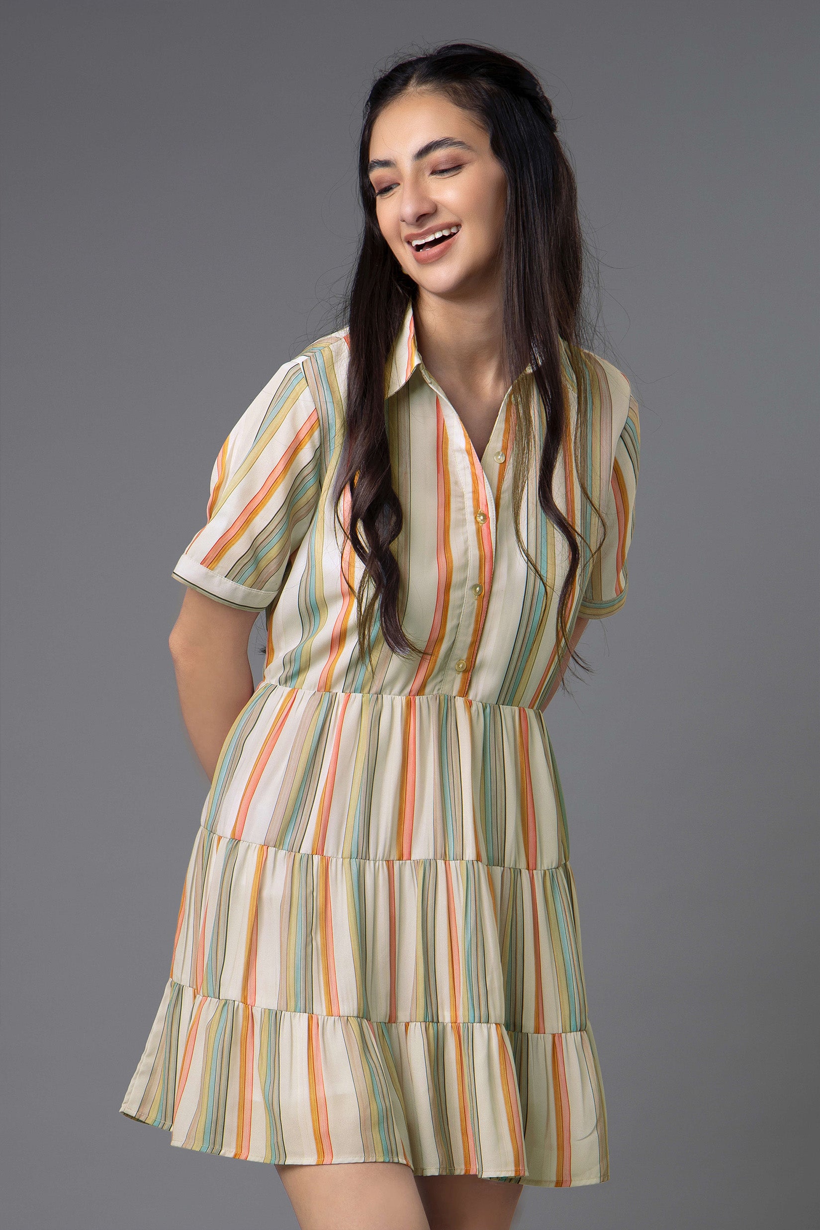 Anthropologie Georgina Tiered Cotton Striped Shirt Dress Size XXS