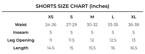 ClutchNY 5" inseam mesh shorts size chart