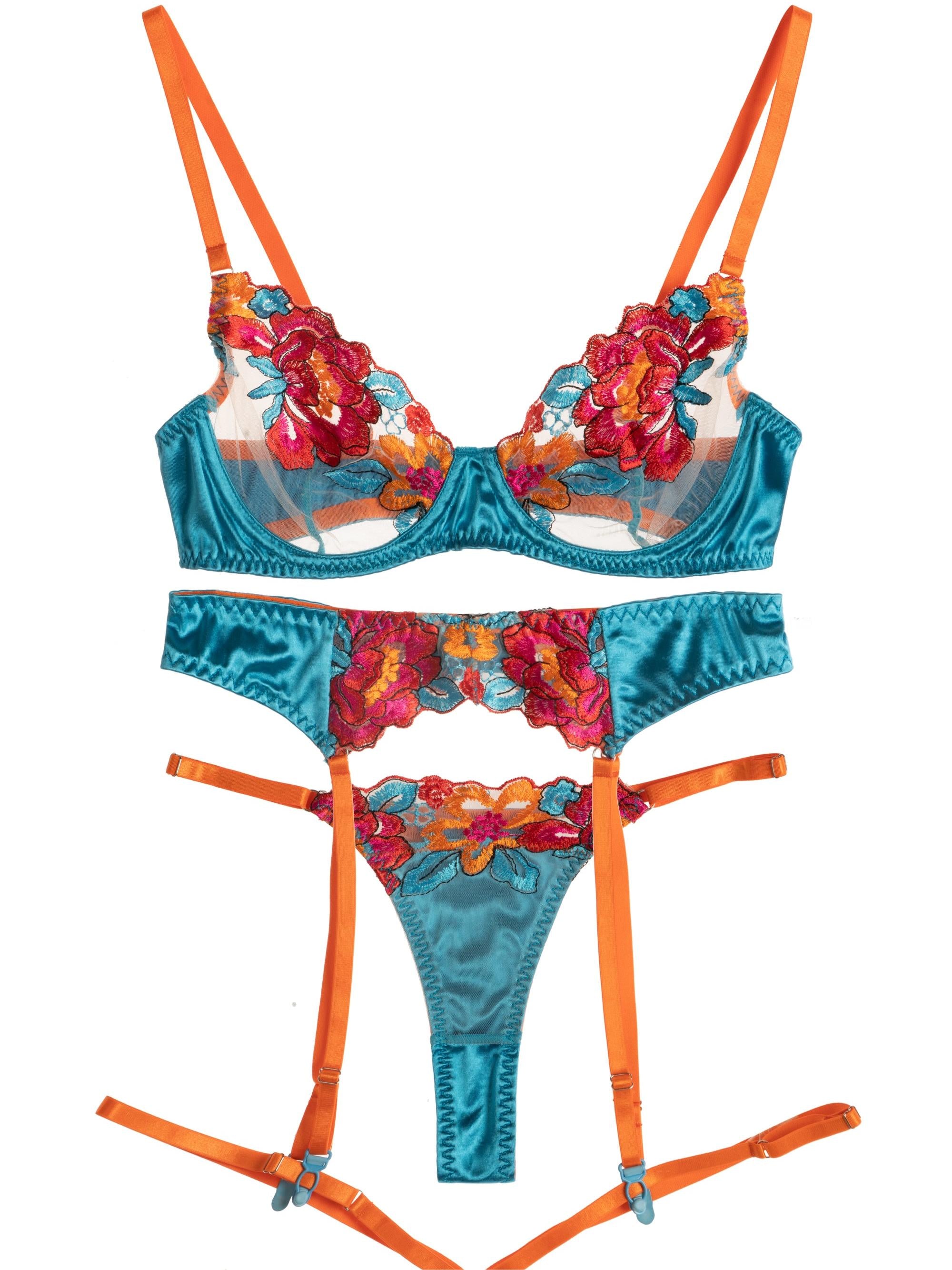 Sexy Blue / Orange Satin Red Flowers 3pc Lingerie Set – Hello.LA.Girl