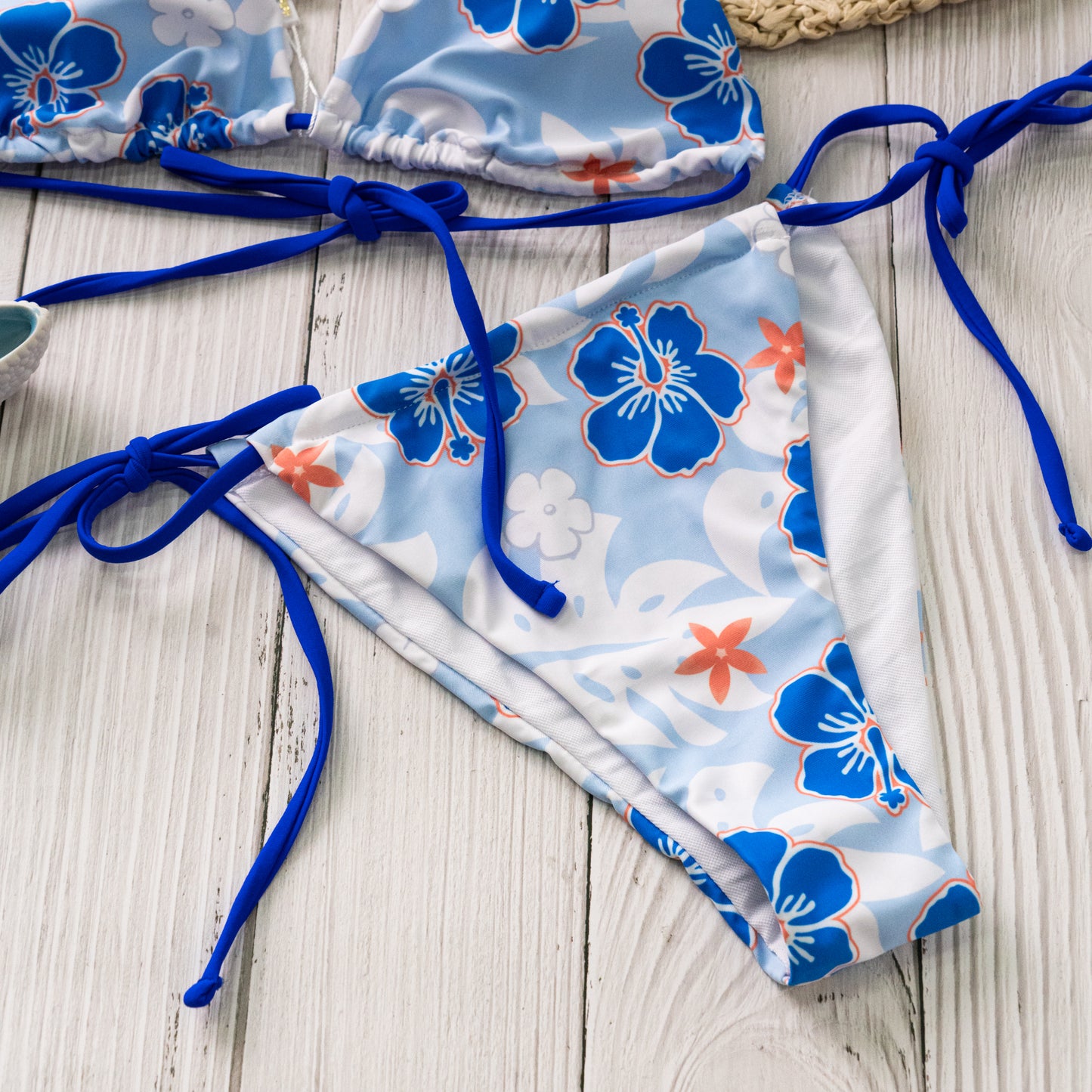 Blue Floral Print Halter Tie Side Triangle Bikini Set